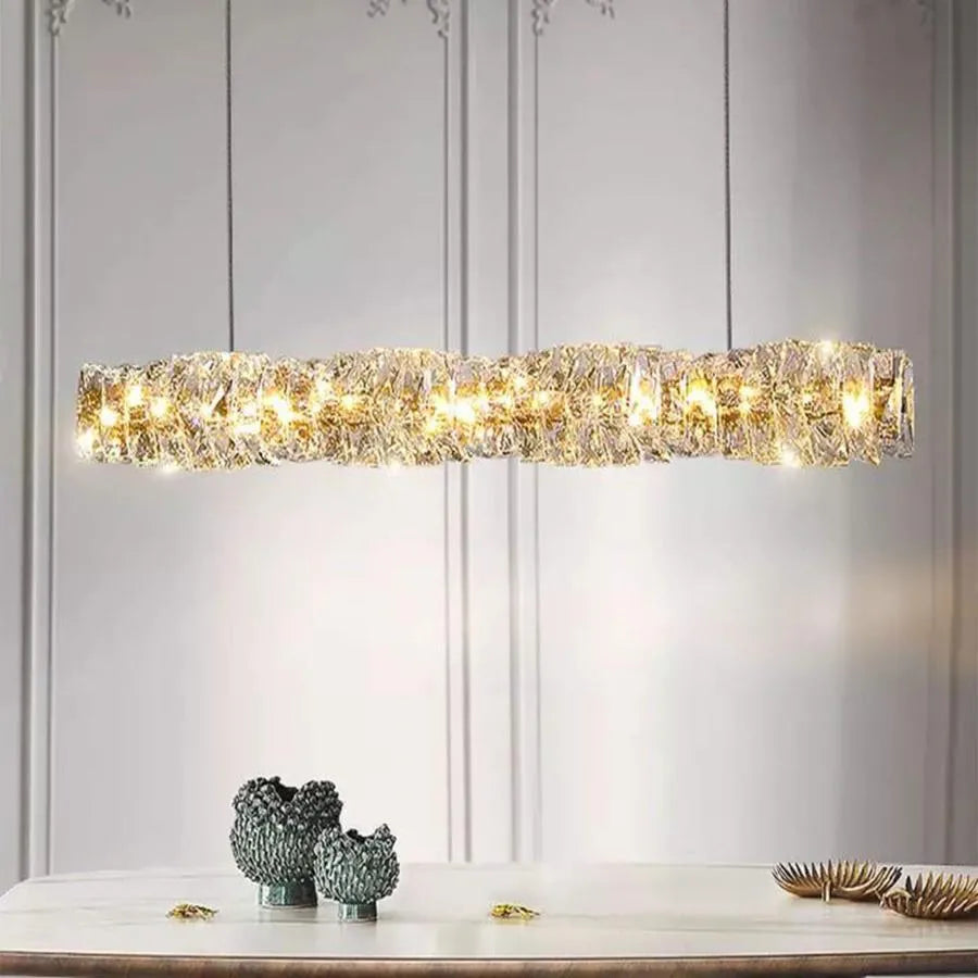 Lustre LED suspendu avec télécommande et cristal SEHRAZAT 38W, Linéaire, Lumière Froid/Chaud/Neutre, Dimmable, Chrome Brillant, Hauteur réglable