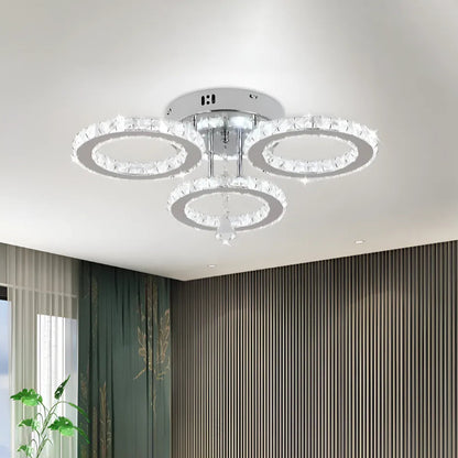 Lustre LED avec télécommande et cristal ALANUBIS 40W, 3 Cercles, Lumière Froide/Chaude/Neutre, Dimmable, Chrome Brillant