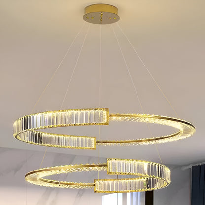 Lustre LED suspendu avec télécommande et cristal PRISM REGAL 120W, 2 Cercles, Lumière Froid/Chaud/Neutre, Dimmable, Doré, Hauteur Réglable