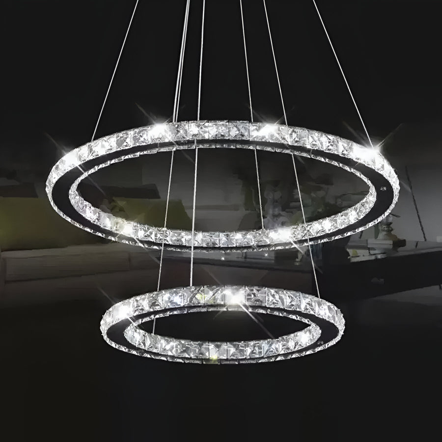 Lustre LED avec télécommande et cristal PRISM LUMINIS 55W, 2 Cercles, Lumière Froide/Chaude/Neutre, Dimmable, Argent, Hauteur Réglable