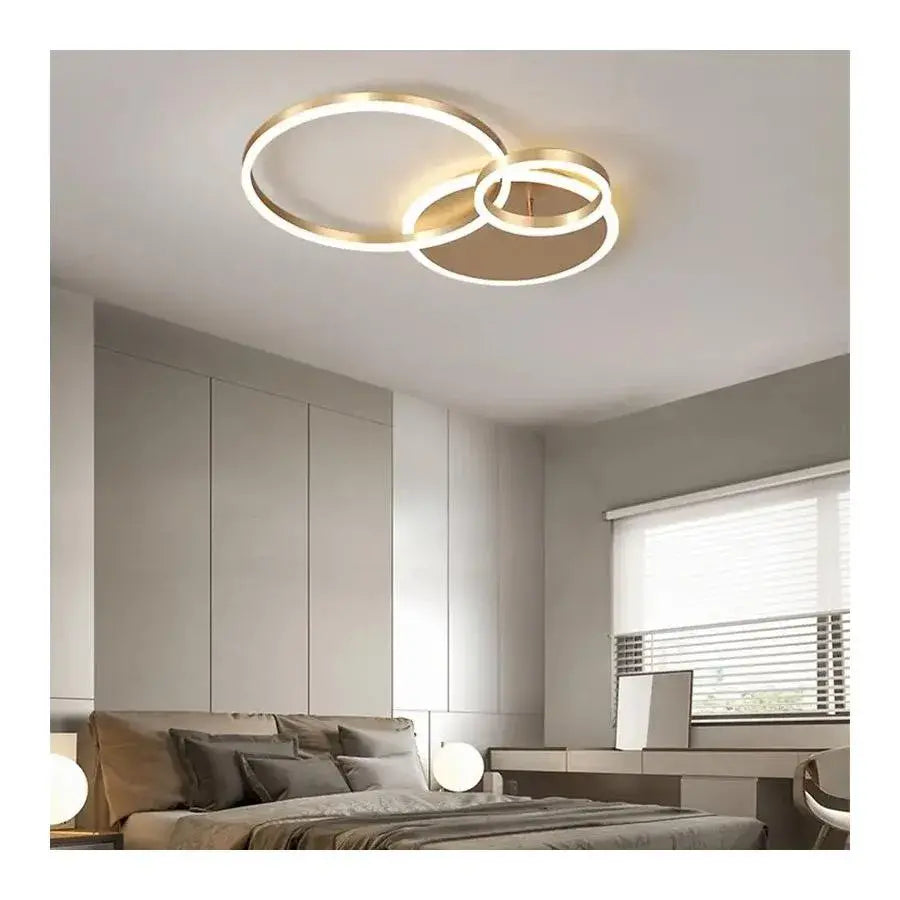 Lustre LED avec télécommande MYRENE 110W, 2 Cercles, Lumière Froide/Chaude/Neutre, Dimmable, Doré