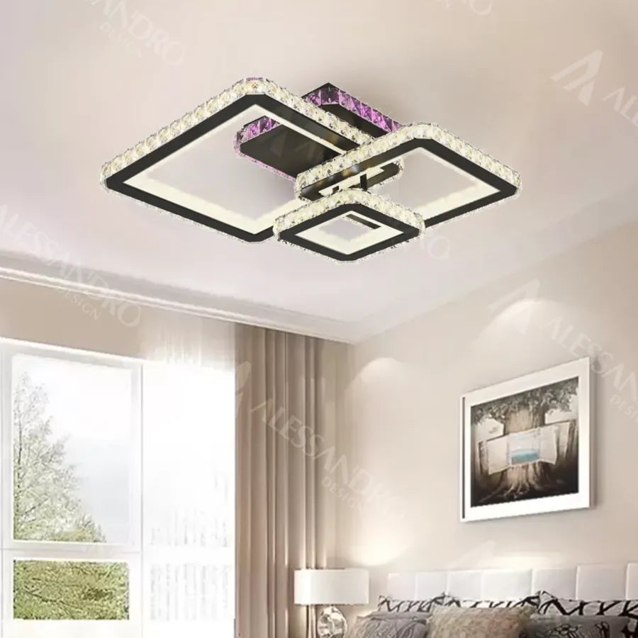 Lustre LED avec télécommande et cristal BLAKELY RGB 166W, 3 Carrés, Lumière Froid/Chaud/Neutre, Dimmable, Noir