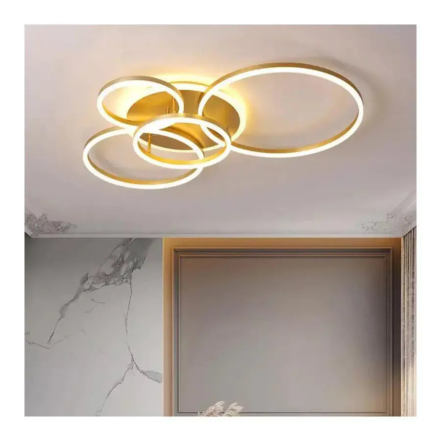 Lustre LED avec télécommande LYRA 220W, 4 Cercles, Lumière Froide/Chaude/Neutre, Dimmable, Or Brossé
