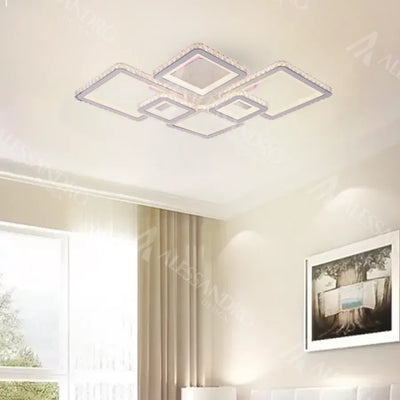 Lustre LED avec télécommande et cristal QUADRIS RGB 175W, 6 Carrés, Lumière Froid/Chaude/Neutre, Dimmable, Blanc