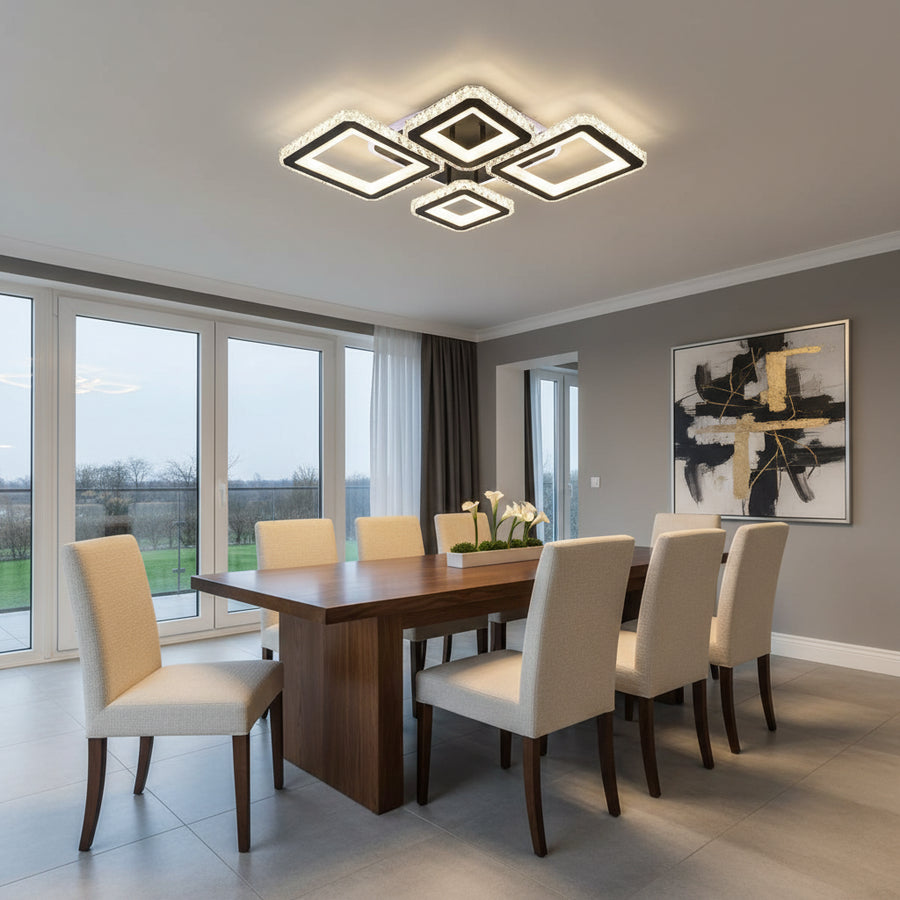 Lustre LED avec télécommande et cristal QUADRIS RGB 96W, 4 Carrés, Lumière Froid/Chaud/Neutre, Dimmable, Noir