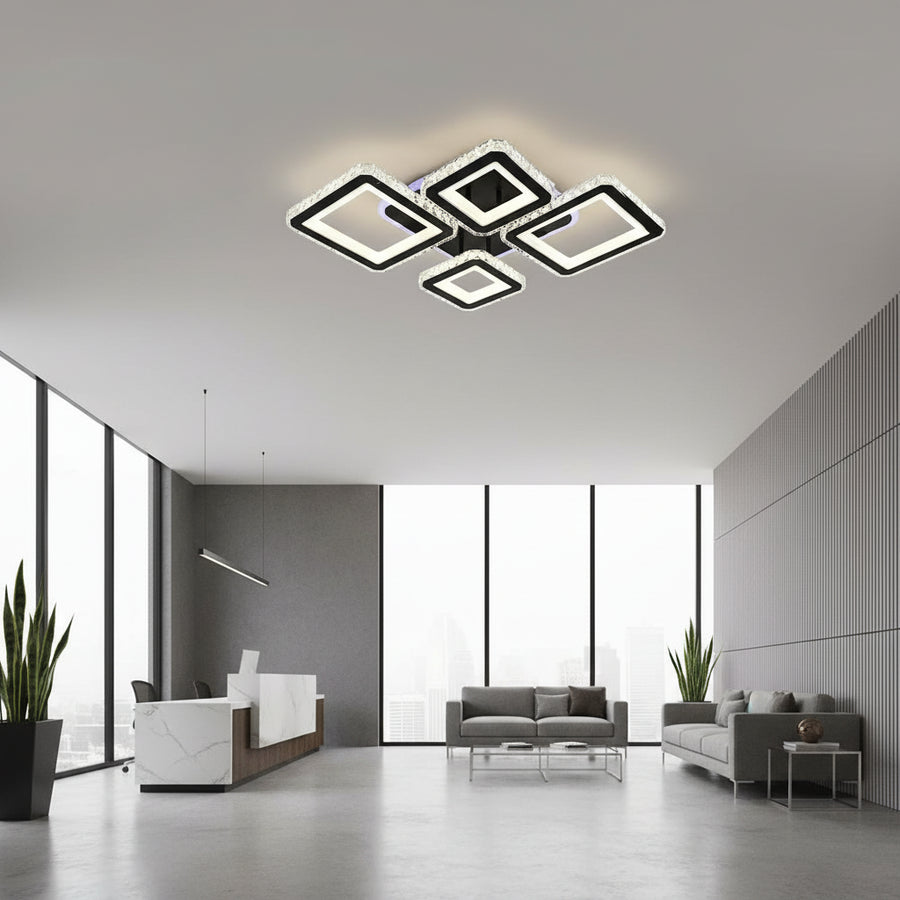 Lustre LED avec télécommande et cristal QUADRIS RGB 96W, 4 Carrés, Lumière Froid/Chaud/Neutre, Dimmable, Noir