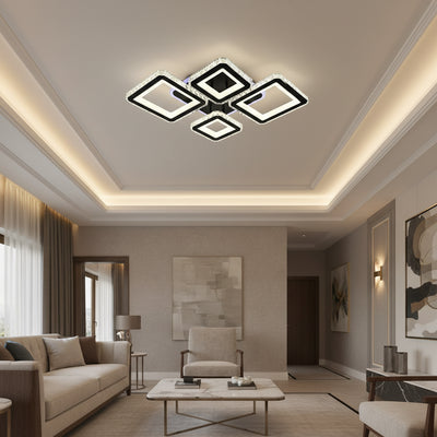 Lustre LED avec télécommande et cristal QUADRIS RGB 96W, 4 Carrés, Lumière Froid/Chaud/Neutre, Dimmable, Noir