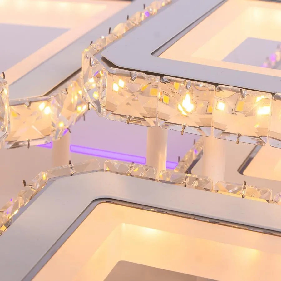 Lustre LED avec télécommande et cristal QUADRIS RGB 175W, 6 Carrés, Lumière Froid/Chaude/Neutre, Dimmable, Blanc
