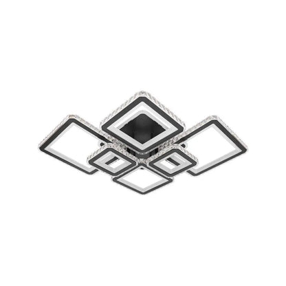 Lustre LED avec télécommande et cristal QUADRIS RGB 177W, 6 Carrés, Lumière Froid/Chaude/Neutre 3000K/4000K/6000K, Dimmable, Noir, Métal et Cristal