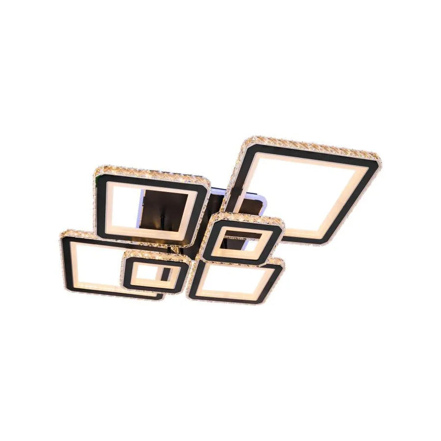 Lustre LED avec télécommande et cristal QUADRIS RGB 177W, 6 Carrés, Lumière Froid/Chaude/Neutre 3000K/4000K/6000K, Dimmable, Noir, Métal et Cristal