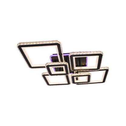 Lustre LED avec télécommande et cristal QUADRIS RGB 177W, 6 Carrés, Lumière Froid/Chaude/Neutre 3000K/4000K/6000K, Dimmable, Noir, Métal et Cristal