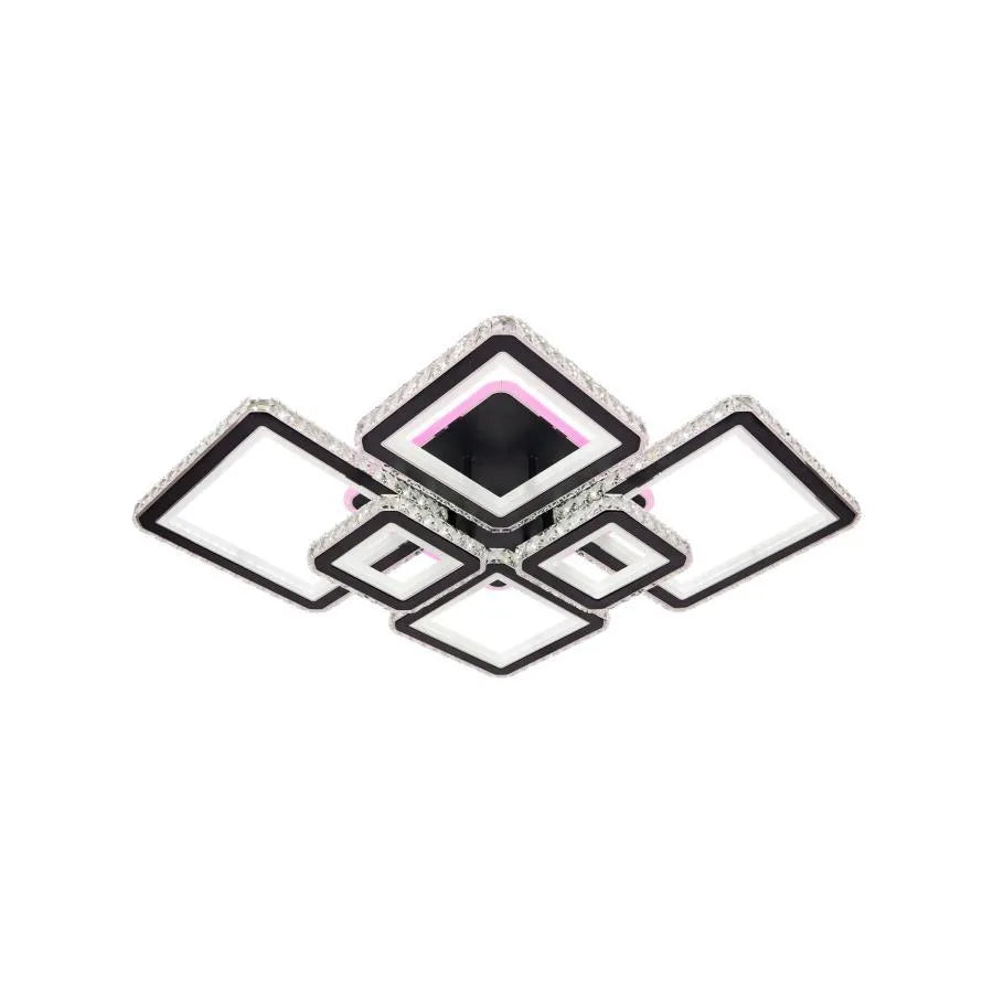 Lustre LED avec télécommande et cristal QUADRIS RGB 177W, 6 Carrés, Lumière Froid/Chaude/Neutre 3000K/4000K/6000K, Dimmable, Noir, Métal et Cristal