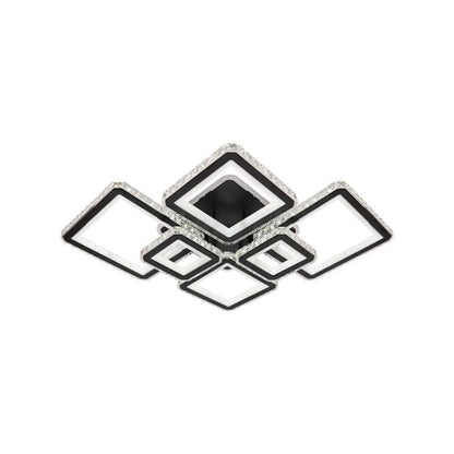 Lustre LED avec télécommande et cristal QUADRIS RGB 177W, 6 Carrés, Lumière Froid/Chaude/Neutre 3000K/4000K/6000K, Dimmable, Noir, Métal et Cristal