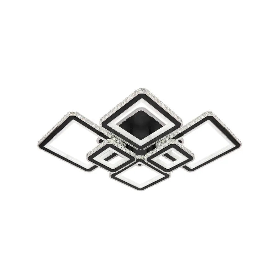 Lustre LED avec télécommande et cristal QUADRIS RGB 177W, 6 Carrés, Lumière Froid/Chaude/Neutre 3000K/4000K/6000K, Dimmable, Noir, Métal et Cristal