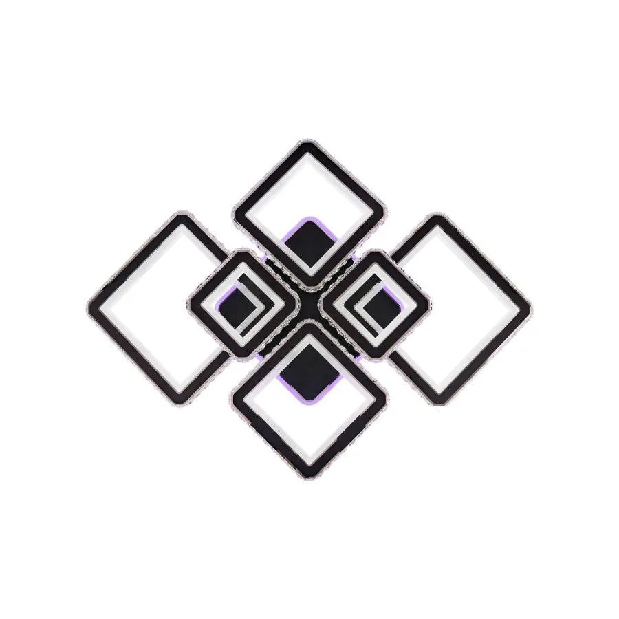 Lustre LED avec télécommande et cristal QUADRIS RGB 177W, 6 Carrés, Lumière Froid/Chaude/Neutre 3000K/4000K/6000K, Dimmable, Noir, Métal et Cristal