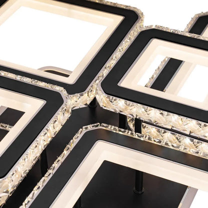 Lustre LED avec télécommande et cristal QUADRIS RGB 177W, 6 Carrés, Lumière Froid/Chaude/Neutre 3000K/4000K/6000K, Dimmable, Noir, Métal et Cristal