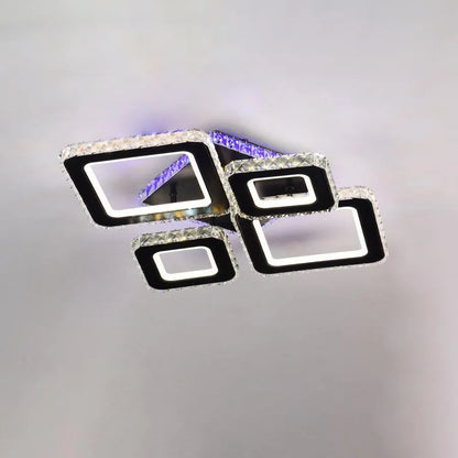 Lustre LED avec télécommande et cristal TERRANO RGB 162W, 4 Carrés, Lumière Froid/Chaud/Neutre, Dimmable, Noir