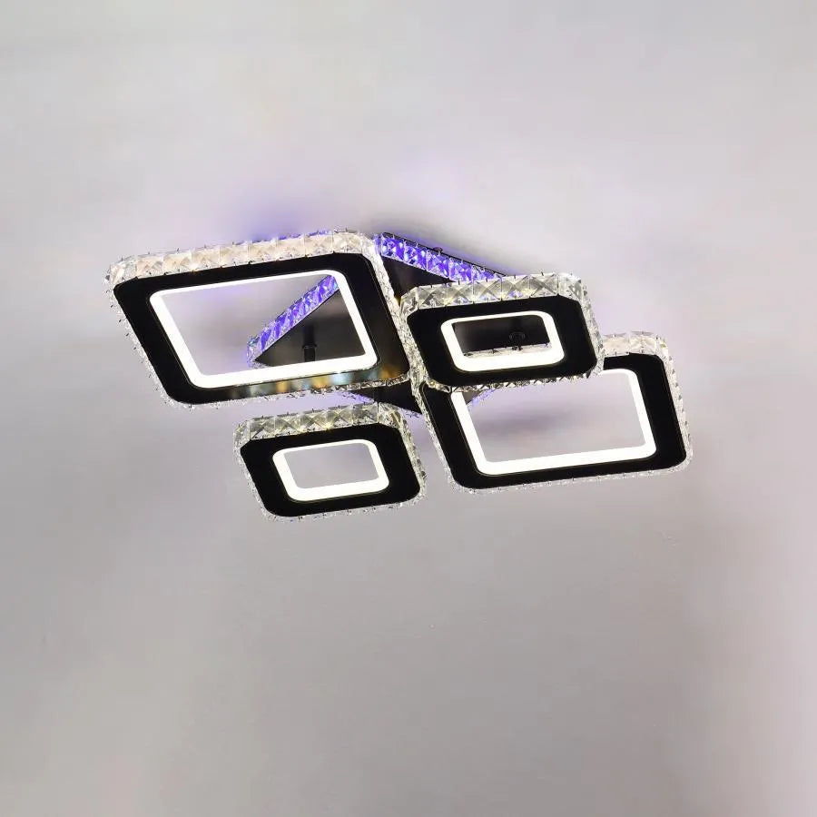 Lustre LED avec télécommande et cristal TERRANO RGB 162W, 4 Carrés, Lumière Froid/Chaud/Neutre, Dimmable, Noir