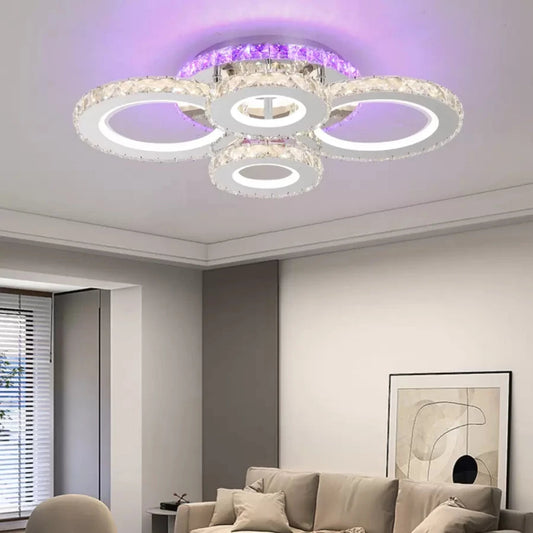 Lustre LED avec télécommande et cristal NOVA ROTONDA RGB 82W, 4 Cercles, Lumière Froide/Chaude/Neutre, Dimmable