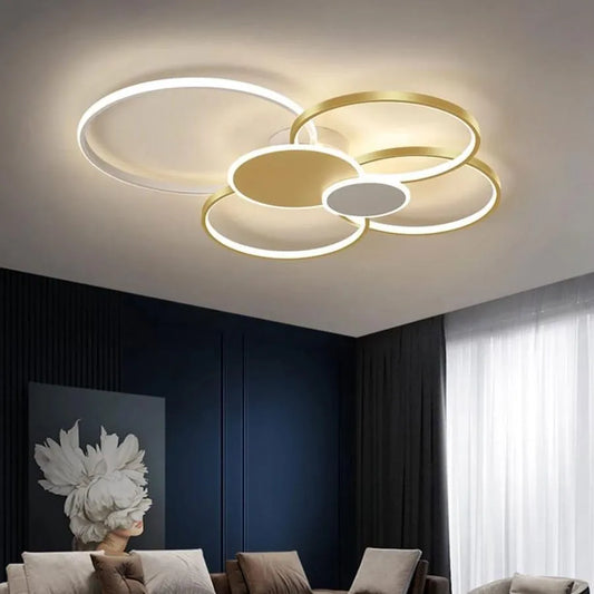 Lustre LED avec télécommande KILLIAN 74W, 6 Cercles, Lumière Froide/Chaude/Neutre, Dimmable, Or Blanc