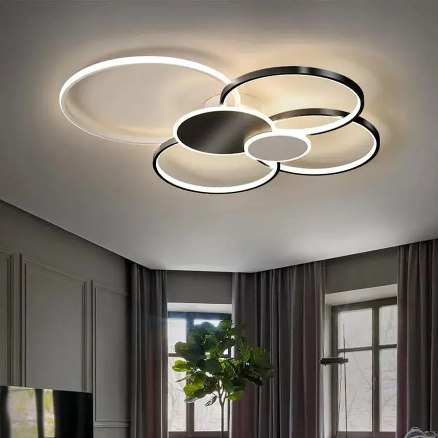 Lustre LED avec télécommande, KILLIAN, 74W, 6 Cercles, Lumière Froide/Chaude/Neutre 3000K/4000K/6000K, Intensité Variable, Noir et Blanc, Métal et Acrylique