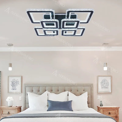 Lustre LED avec télécommande et cristal LEILA RGB 176W, 8 Carrés, Lumière Froid/Chaud/Neutre, Dimmable, Chrome Noir Brillant