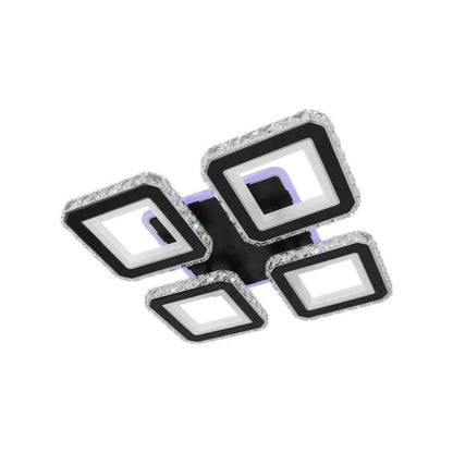 Lustre LED avec télécommande et cristal LEILA RGB 79W, 4 Carrés, Lumière Froid/Chaud/Neutre, Dimmable, Chrome Noir Brillant