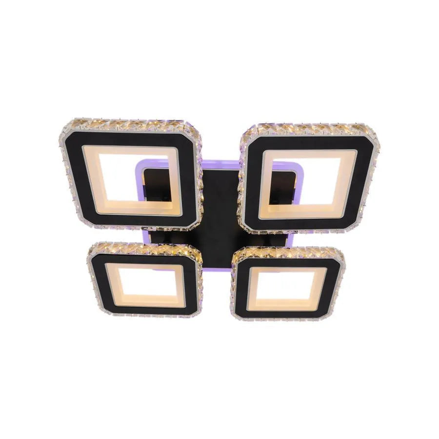 Lustre LED avec télécommande et cristal LEILA RGB 79W, 4 Carrés, Lumière Froid/Chaud/Neutre, Dimmable, Chrome Noir Brillant