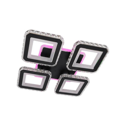 Lustre LED avec télécommande et cristal LEILA RGB 79W, 4 Carrés, Lumière Froid/Chaud/Neutre, Dimmable, Chrome Noir Brillant