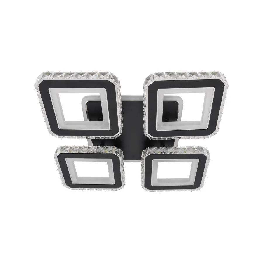 Lustre LED avec télécommande et cristal LEILA RGB 79W, 4 Carrés, Lumière Froid/Chaud/Neutre, Dimmable, Chrome Noir Brillant