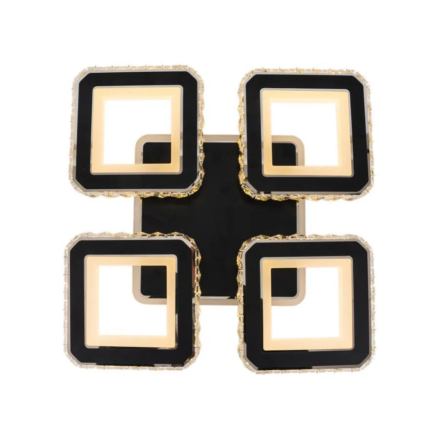 Lustre LED avec télécommande et cristal LEILA RGB 79W, 4 Carrés, Lumière Froid/Chaud/Neutre, Dimmable, Chrome Noir Brillant