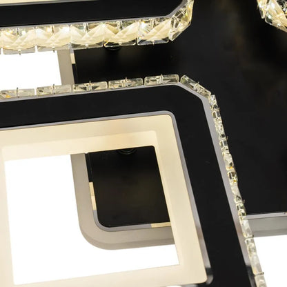 Lustre LED avec télécommande et cristal LEILA RGB 79W, 4 Carrés, Lumière Froid/Chaud/Neutre, Dimmable, Chrome Noir Brillant