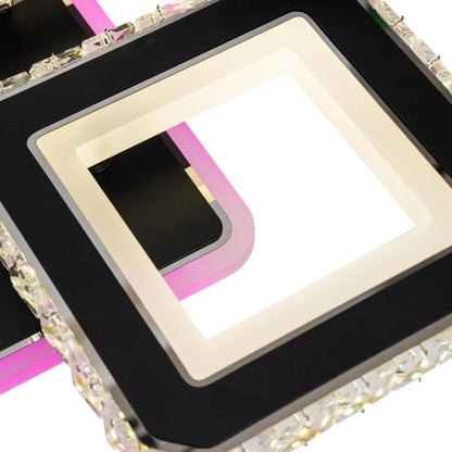 Lustre LED avec télécommande et cristal LEILA RGB 79W, 4 Carrés, Lumière Froid/Chaud/Neutre, Dimmable, Chrome Noir Brillant