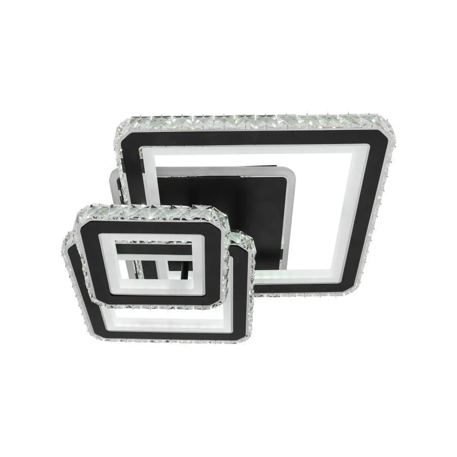 Lustre LED avec télécommande et cristal LEILA 88W, 3 Carrés, Lumière Froid/Chaud/Neutre, Gradable, Chrome Noir Brillant