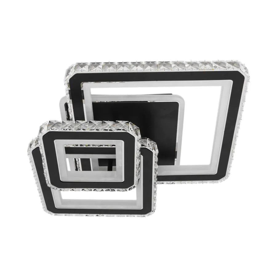 Lustre LED avec télécommande et cristal LEILA 88W, 3 Carrés, Lumière Froid/Chaud/Neutre, Gradable, Chrome Noir Brillant