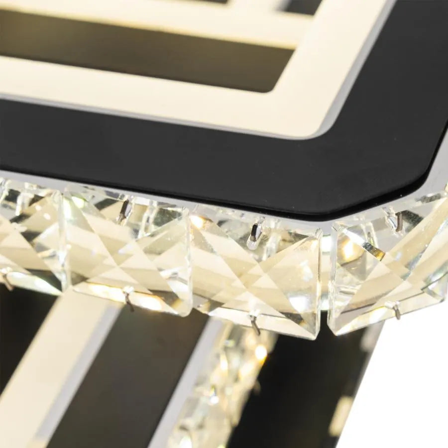 Lustre LED avec télécommande et cristal LEILA 88W, 3 Carrés, Lumière Froid/Chaud/Neutre, Gradable, Chrome Noir Brillant