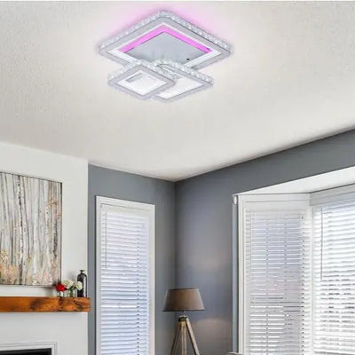 Lustre LED avec télécommande et cristal LEILA 87W, 3 Carrés, Lumière Froid/Chaud/Neutre, Dimmable, Chrome Blanc Brillant