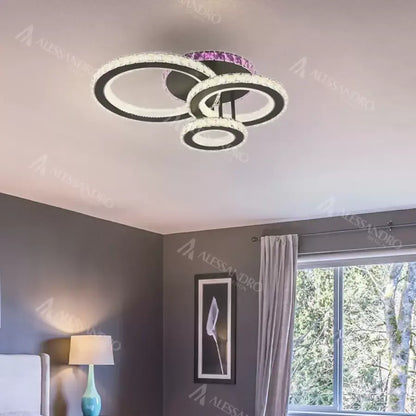 Lustre LED avec télécommande et cristal LEOCADIA RGB 134W, 3 Cercles, Lumière Froide/Chaude/Neutre, Dimmable, Noir