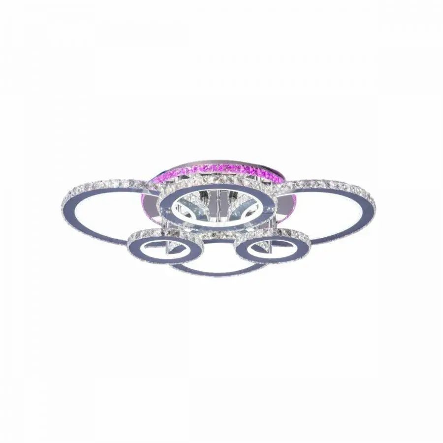 Lustre LED avec télécommande et cristal NOVA ROTONDA RGB 144W, 6 Cercles, Lumière Froid/Chaude/Neutre, Dimmable, Chrome Brillant
