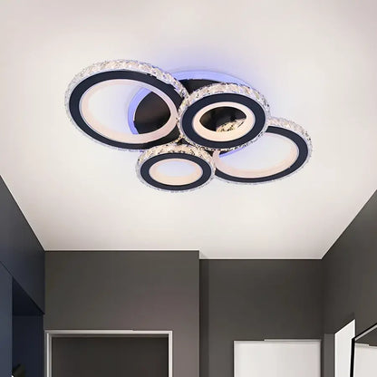 Lustre LED avec télécommande et cristal NOVA ROTONDA RGB 82W, 4 Cercles, Lumière Froide/Chaude/Neutre, Dimmable, Noir