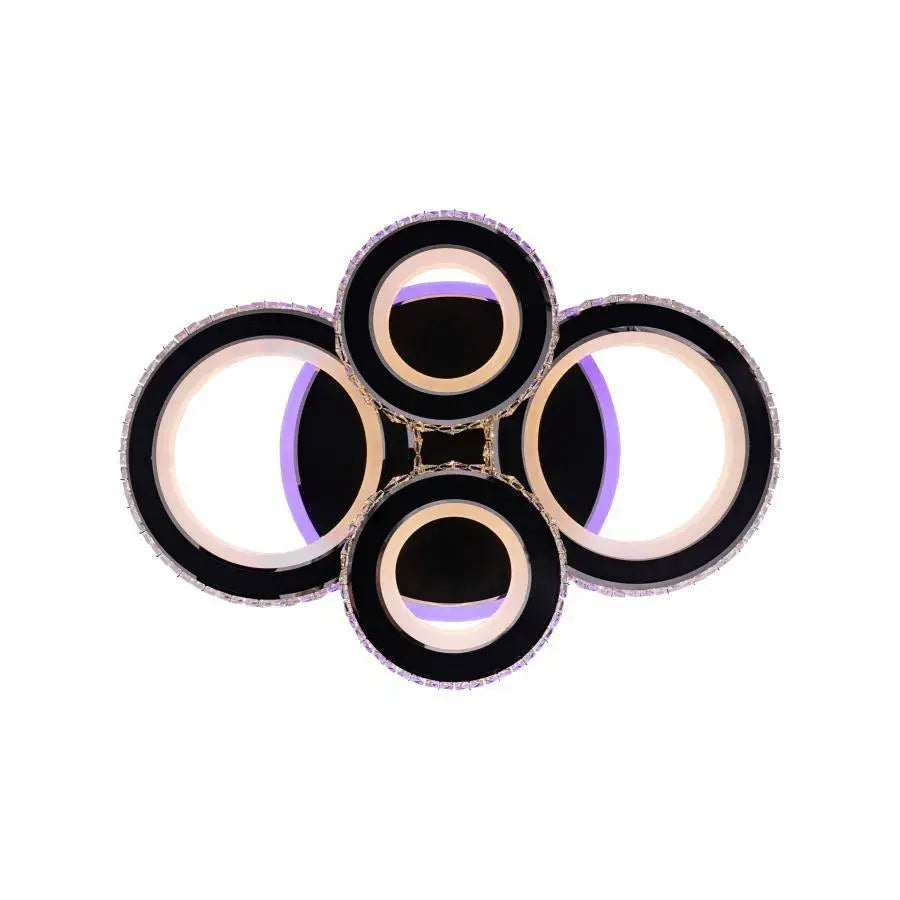 Lustre LED avec télécommande et cristal NOVA ROTONDA RGB 82W, 4 Cercles, Lumière Froide/Chaude/Neutre, Dimmable, Noir