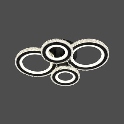 Lustre LED avec télécommande et cristal NOVA ROTONDA RGB 68W, 4 Cercles, Lumière Froide/Chaude/Neutre, Dimmable, Noir