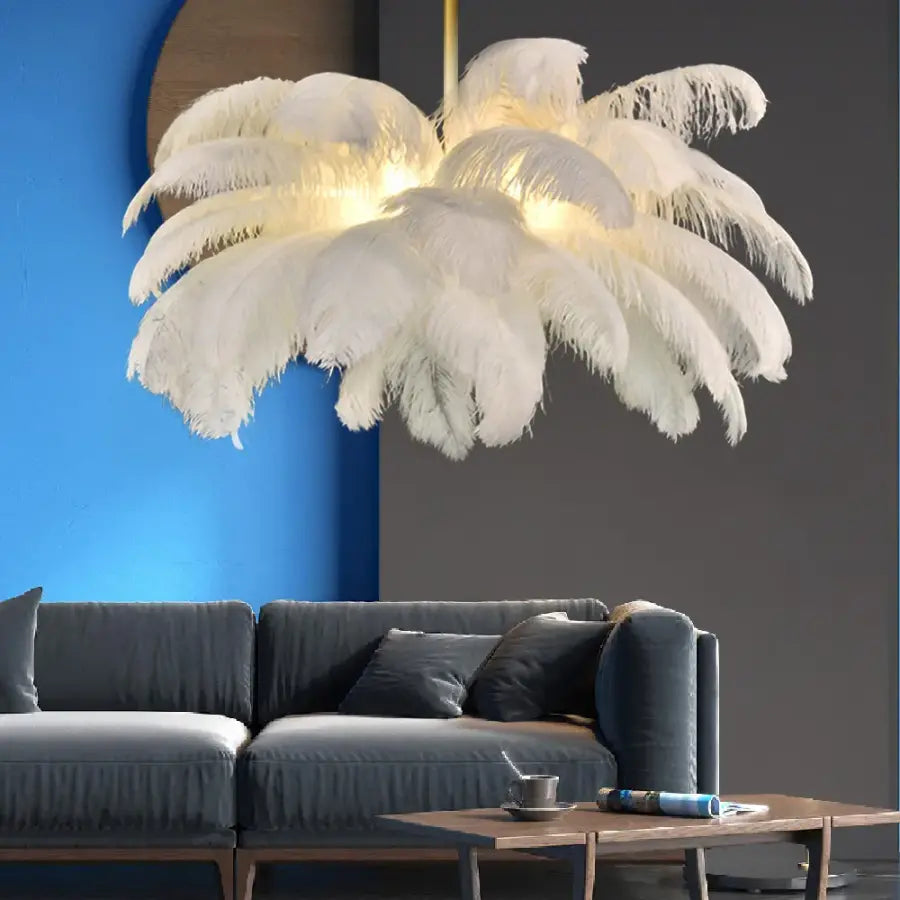 Lustre LED Minoss, 1xE27, diamètre 30cm, Plumes, Blanc