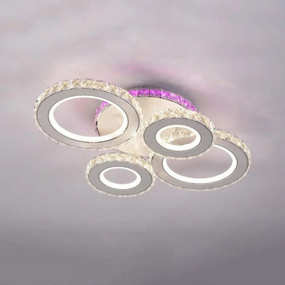 Lustre LED avec télécommande et cristal MEILI ZAFINA RGB 136W, 4 Cercles, Lumière Froide/Chaude/Neutre, Dimmable, Blanc