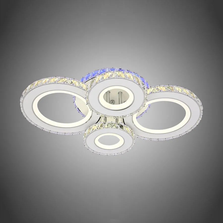 Lustre LED avec télécommande et cristal MEILI ZAFINA RGB 136W, 4 Cercles, Lumière Froide/Chaude/Neutre, Dimmable, Blanc