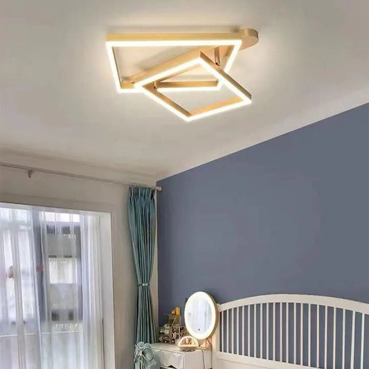 Lustre LED avec télécommande PAPINI 112W, 2 Carrés, Lumière Froide/Chaude/Neutre, Dimmable, Or Brillant