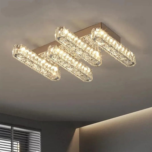 Lustre LED avec télécommande et cristal PRISCILA 80W, 4 Éléments, Linéaire, Lumière Froide/Chaude/Neutre, Gradable, Chrome Brillant