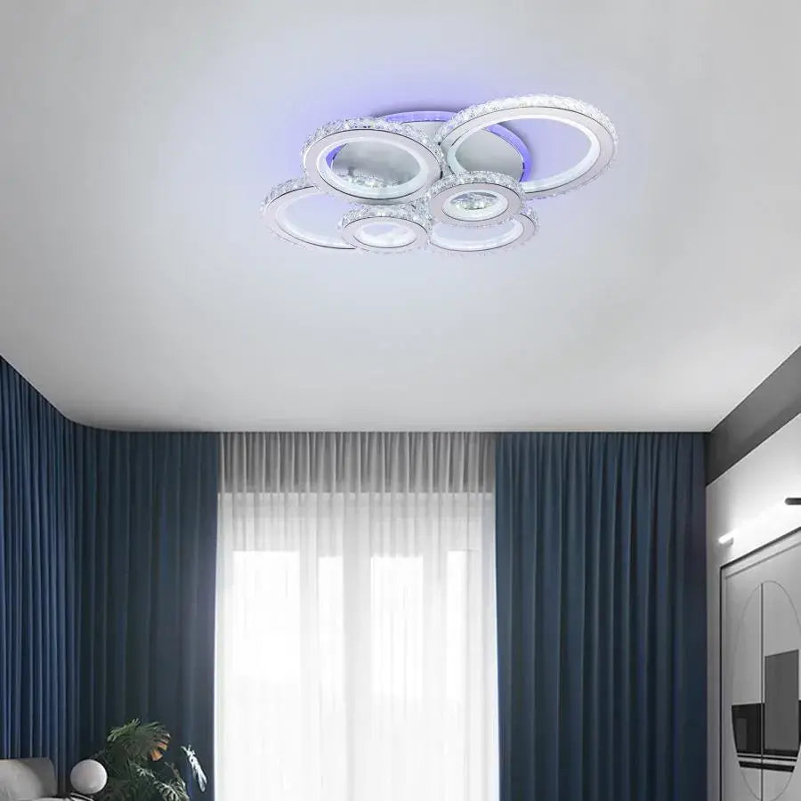 Lustre LED avec télécommande et cristal NOVA ROTONDA RGB 145W, 6 Cercles, Lumière Froide/Chaude/Neutre, Dimmable, Blanc