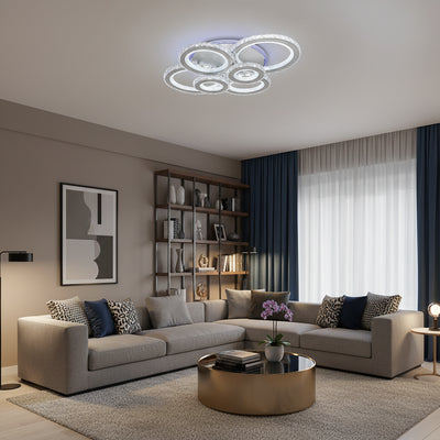 Lustre LED avec télécommande et cristal NOVA ROTONDA RGB 145W, 6 Cercles, Lumière Froide/Chaude/Neutre, Dimmable, Blanc