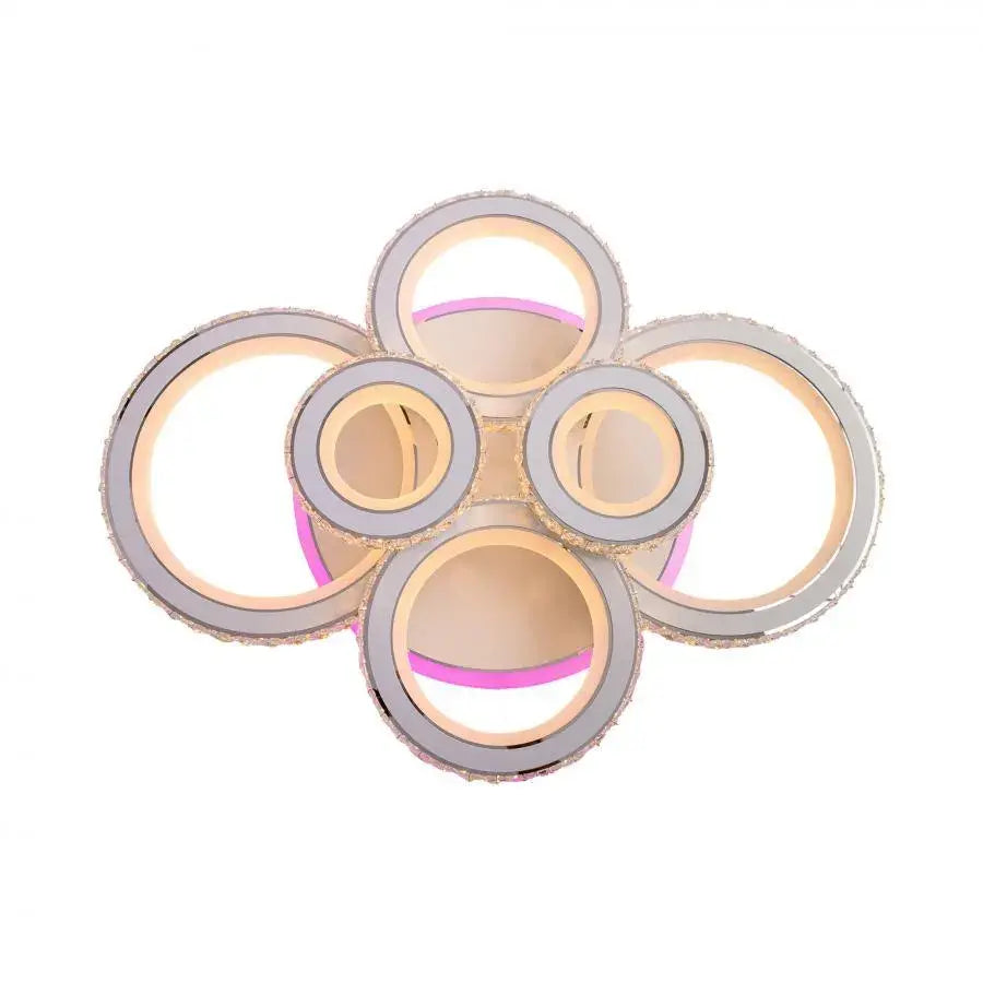 Lustre LED avec télécommande et cristal NOVA ROTONDA RGB 145W, 6 Cercles, Lumière Froide/Chaude/Neutre, Dimmable, Blanc